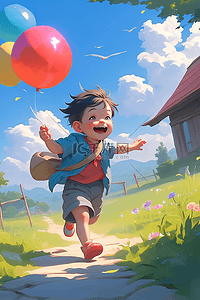 小童短裤插画图片_插画夏天男孩奔跑气球手绘海报