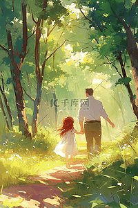 白色的小手插画图片_父子手绘林间散步插画海报