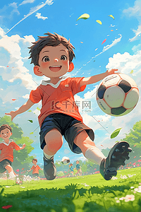 夏天可爱男孩手绘踢足球插画海报