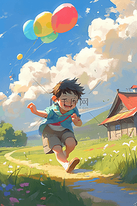 男孩奔跑气球夏天手绘插画海报