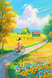 绿色手绘自行车插画图片_夏季女孩道路风景手绘插画海报