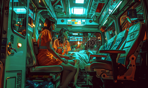 黑色车上插画图片_救护车上的女孩和护士