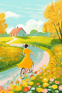 绿色手绘自行车插画图片_女孩道路夏季风景手绘插画海报