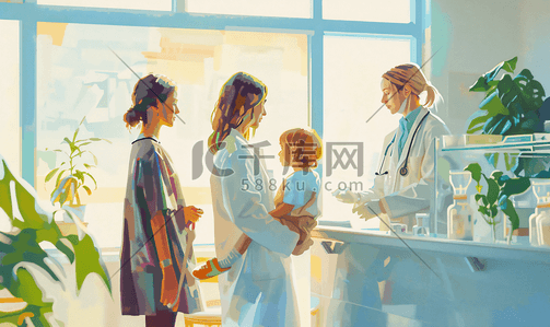 医疗器械医生插画图片_年轻妈妈带着孩子看医生
