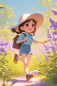 蓝色短袖插画图片_丁香花夏季探险可爱女孩手绘插画