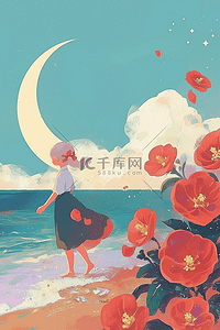 蓝色月亮手绘插画图片_手绘夏季唯美沙滩女孩海报图片