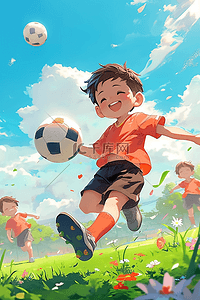 夏天可爱男孩踢足球手绘插画海报