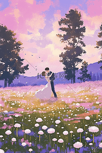 欧式浪漫婚礼插画图片_手绘夏季唯美浪漫紫色花海插画