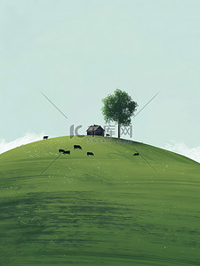 小山丘插画图片_山坡的小房子和树木插图