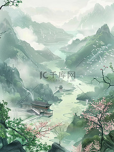 中国画绘画插画图片_唯美山水雾气中国画插图