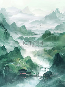 中国画绘画插画图片_唯美山水雾气中国画插画海报