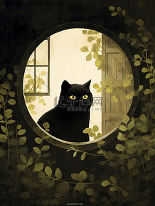 窗户雨水插画图片_躺在窗户里的是一只黑猫插画素材