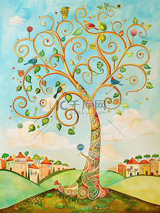 艺术品展板插画图片_儿童艺术插画一棵大树