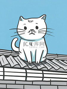一只猫在屋顶上单色线条画插图