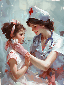 仔细插画图片_护士更换女童手臂上的纱布