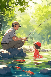 河边夏季父女钓鱼手绘插画海报