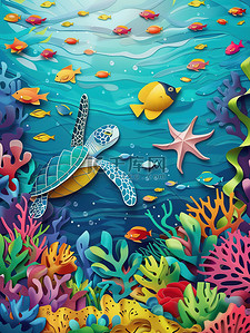 剪纸帽子花插画图片_海底世界海洋动物剪纸风格插图