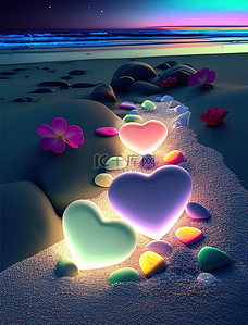 爱心围在一起插画图片_夜晚五颜六色的爱心石头海边插画
