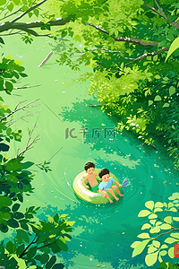 夏天手绘河水父子游泳插画海报