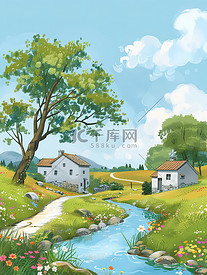 夏天小河两岸的乡村景色插画设计