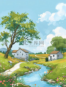 两岸插画图片_夏天小河两岸的乡村景色插画设计