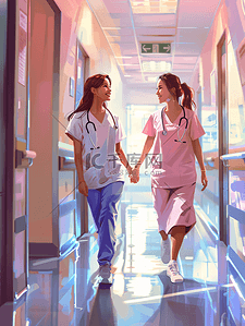 医生看病人插画图片_微笑的女孩医院走廊里散步时看着中等成人护士