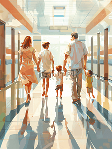海外医疗插画图片_父母牵着孩子去医院