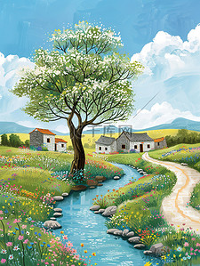 夏天小河两岸的乡村景色插画素材