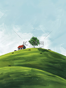 举牌小牛插画图片_山坡的小房子和树木插图