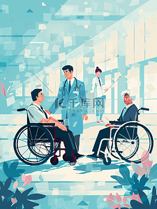 幸福笑容插画图片_医生照顾轮椅病人