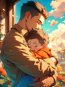 男人眼泪插画图片_中年男人抱着他的孩子插图