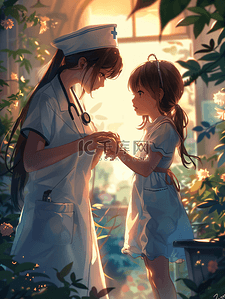 高领外套插画图片_护士牵着女孩的手