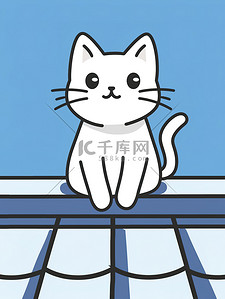 动感线条白插画图片_一只猫在屋顶上单色线条画插画素材