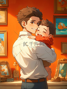 中年男人抱着他的孩子原创插画