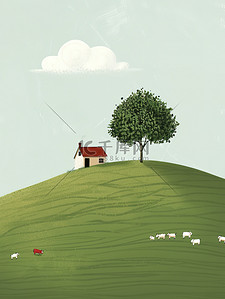 n字母和小牛插画图片_山坡的小房子和树木插画图片