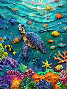 酒店服务剪纸插画图片_海底世界海洋动物剪纸风格原创插画