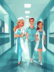 医生护士的插画图片_医疗保健 专业 人医学快乐的医生护士医院走廊