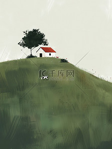 山坡的小房子和树木插画素材