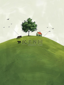 山坡的小房子和树木原创插画