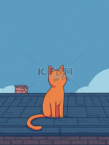 轮廓线条插画图片_一只猫在屋顶上单色线条画插图