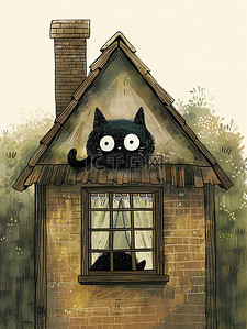 宠物海报插画图片_躺在窗户里的是一只黑猫插画海报
