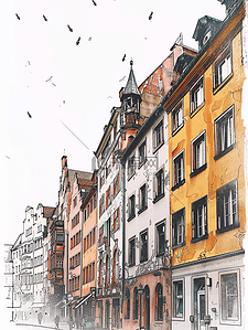 破洞纸张与撕纸插画图片_奥格斯堡旧城市房屋外墙草图