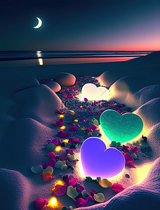 爱心围在一起插画图片_夜晚五颜六色的爱心石头海边插图