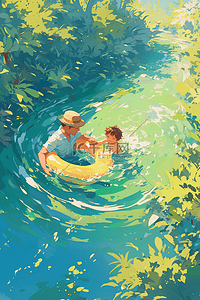 融化的河水插画图片_河水父子游泳手绘插画海报夏天