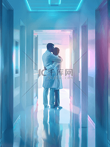 开门预警插画图片_医生的中段拥抱医院的开门看到的小病人