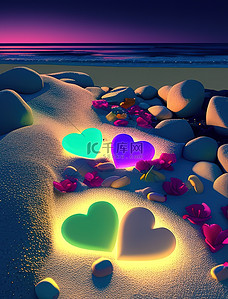 爱心围在一起插画图片_夜晚五颜六色的爱心石头海边原创插画