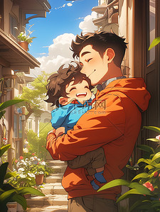 男人男装插画图片_中年男人抱着他的孩子插画