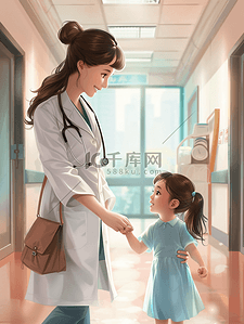 女孩卡通发带插画图片_家庭医生小轻的母亲带着女儿群医生临床办公室