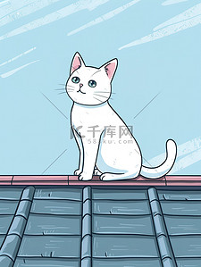 粉笔线条插画图片_一只猫在屋顶上单色线条画插画图片