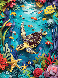 动物派对插画图片_海底世界海洋动物剪纸风格素材